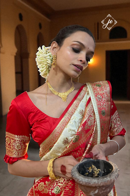 Off-White Satin Silk with Red Border Meenakari Jaal Banarasi Saree