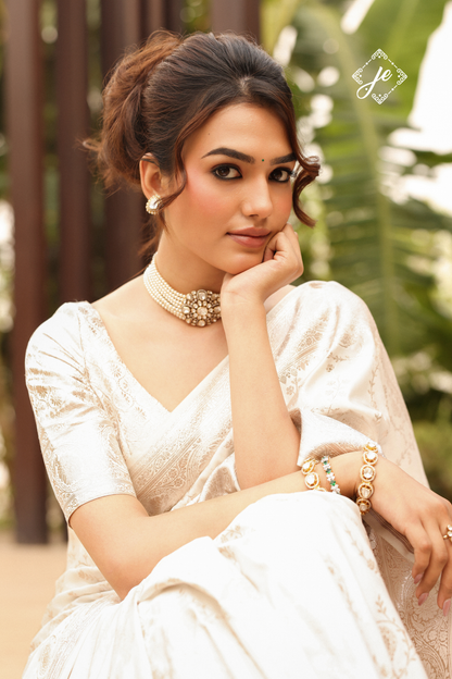 White Satin Silk Jaal Banarasi Saree