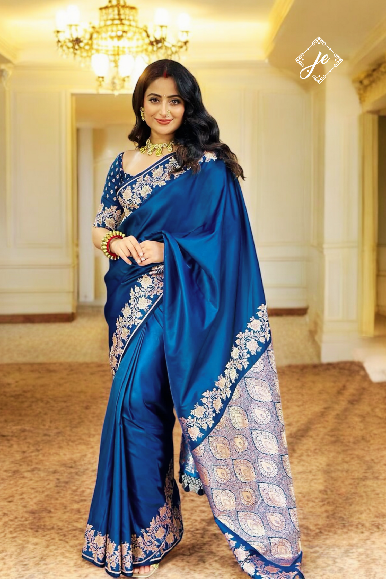 German Blue Open Border Satin Silk Banarasi Saree