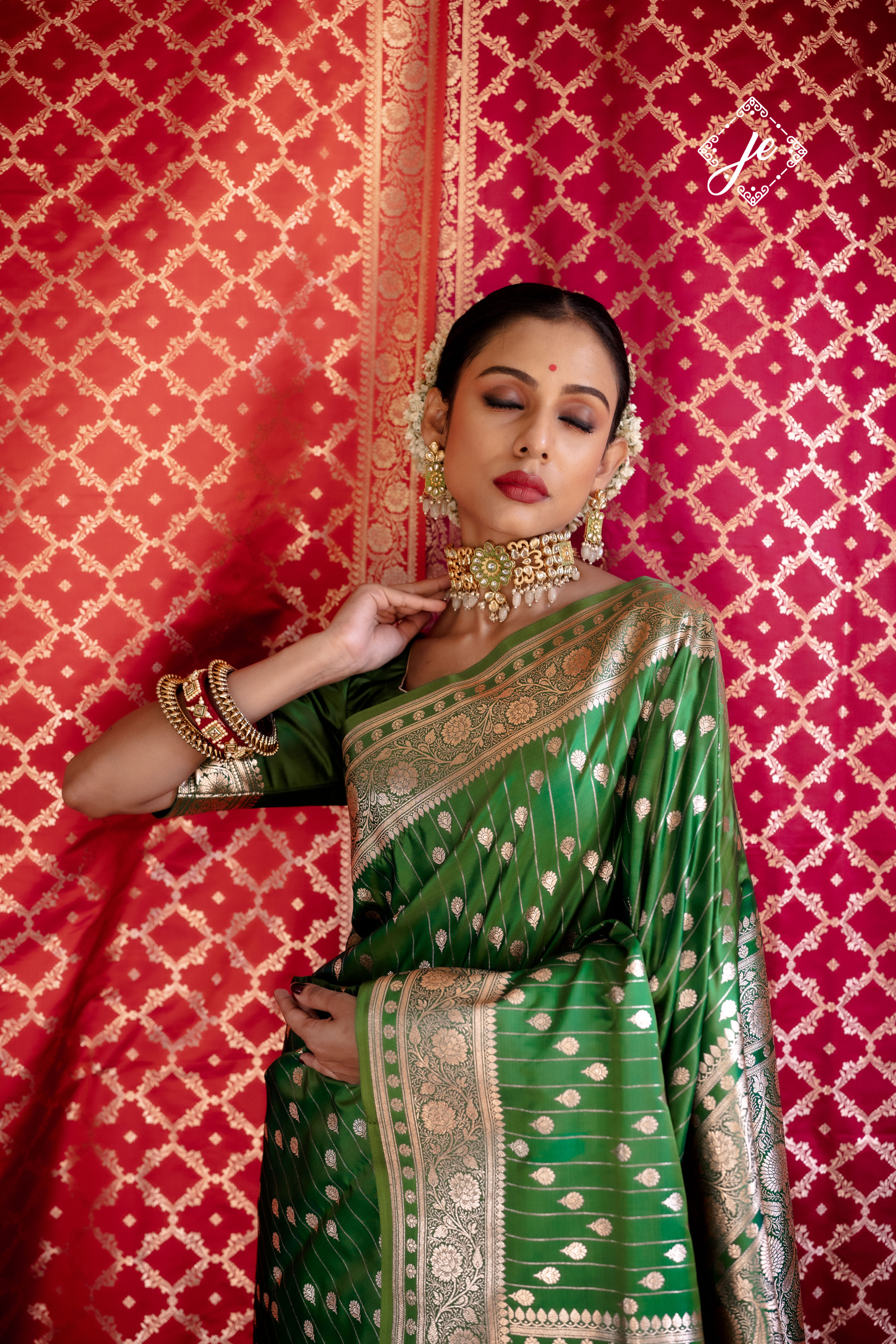 Green Satin Silk Striped Banarasi Saree