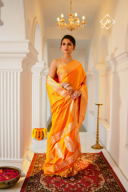 Orange Satin Silk Buti Banarasi Saree