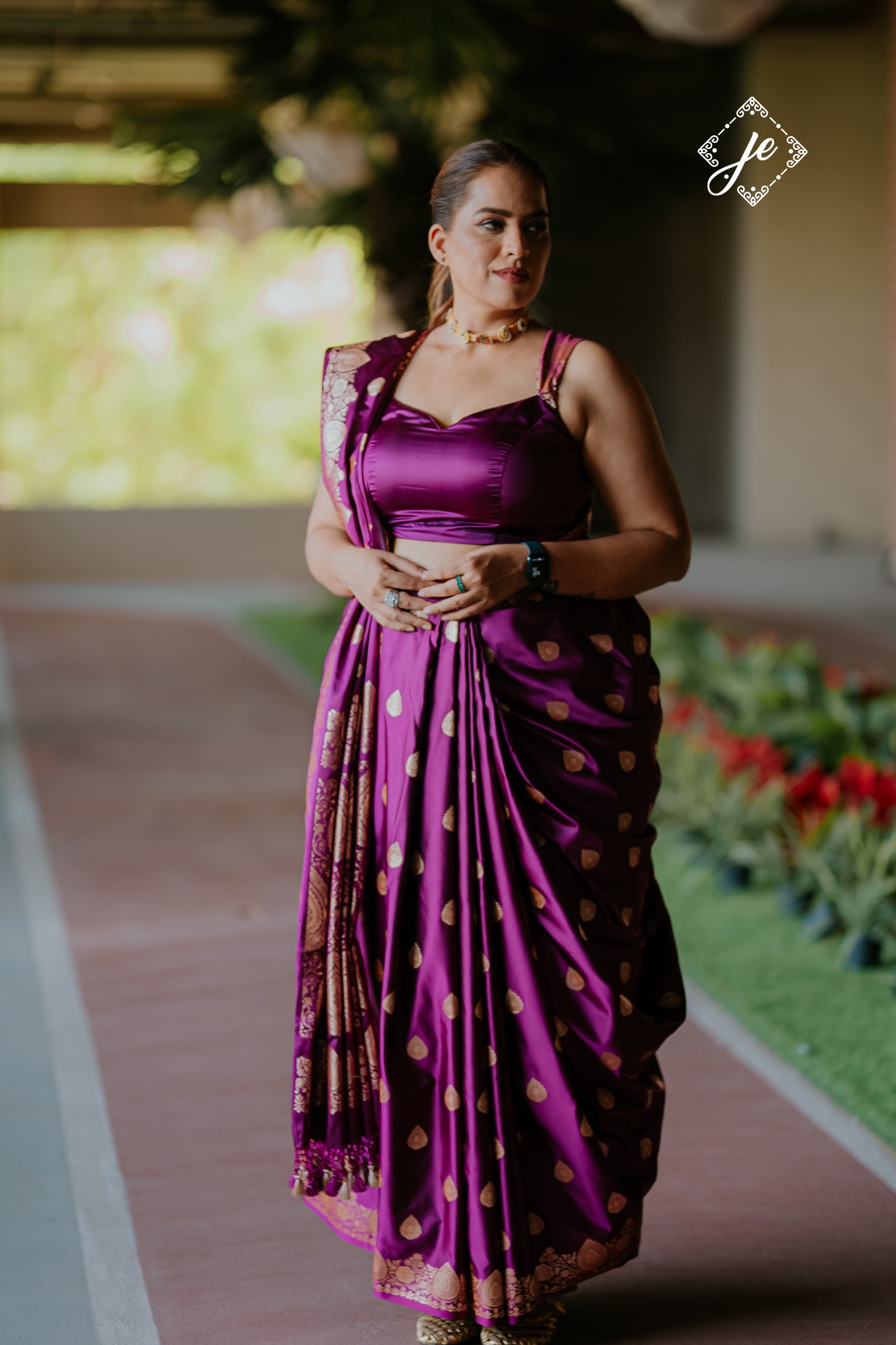 Purple Open Border Satin Silk Banarasi Saree