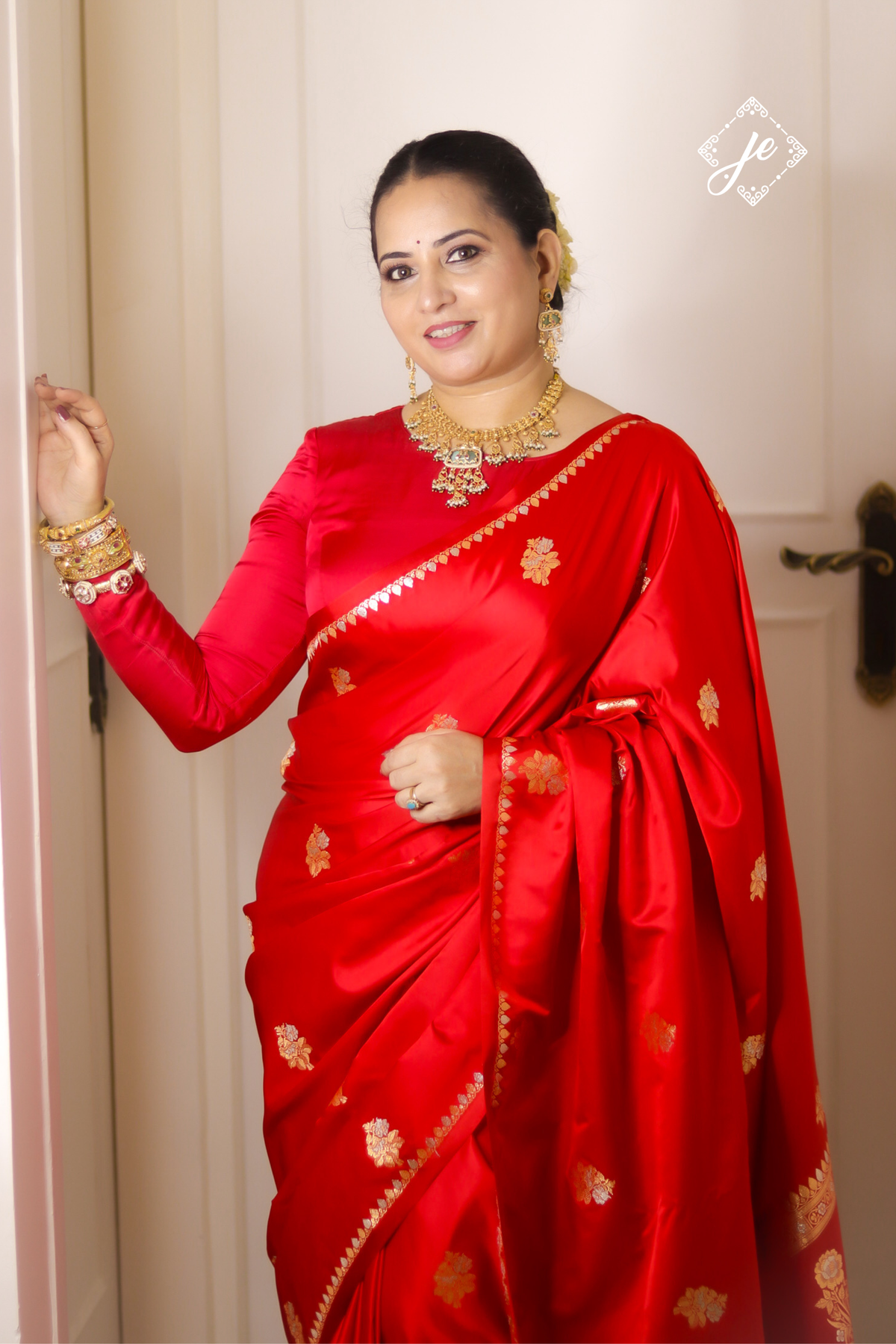 Red Satin Silk Buti Banarasi Saree