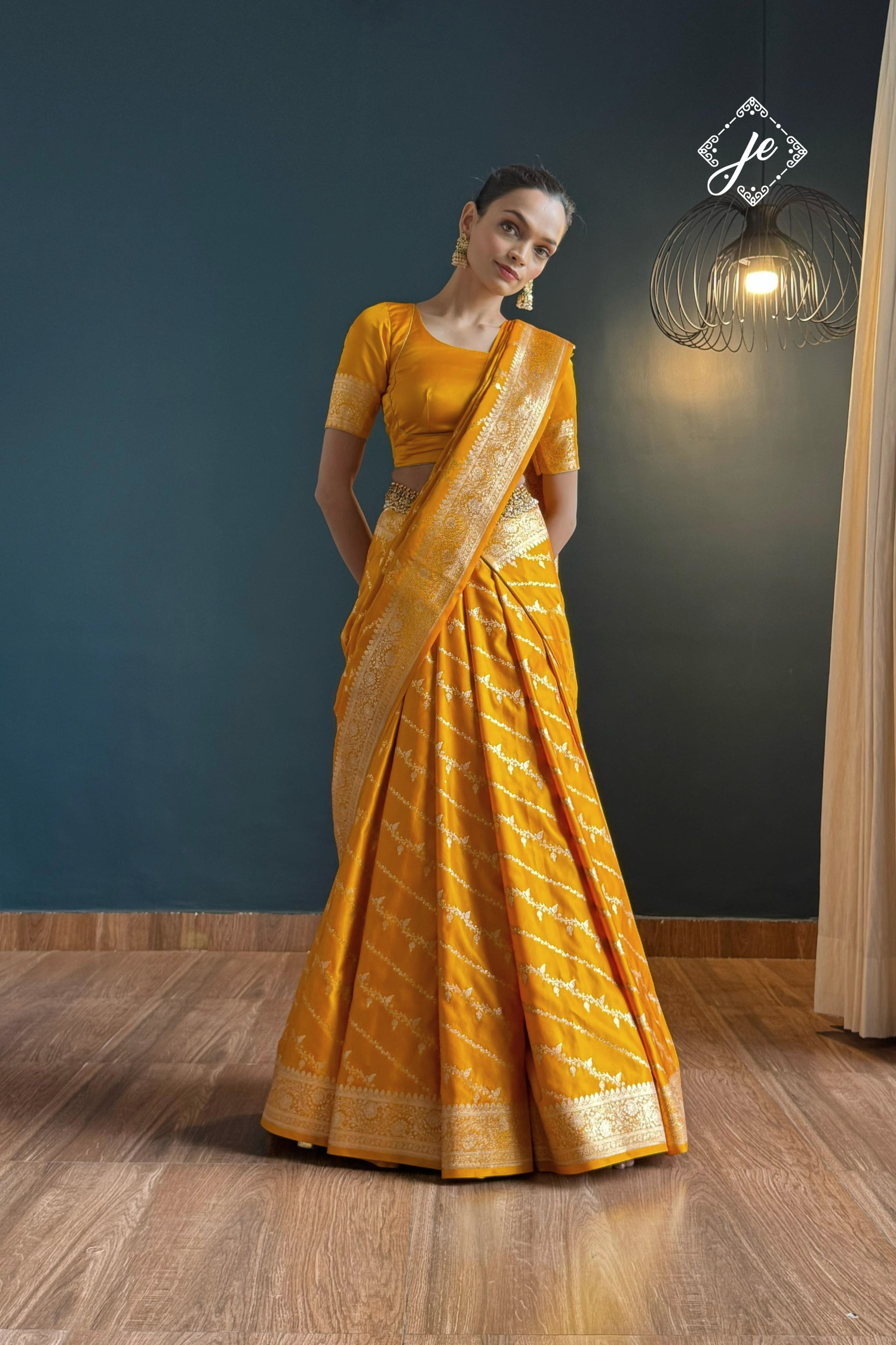 Yellow Leheriya Satin Silk Buti Banarasi Saree