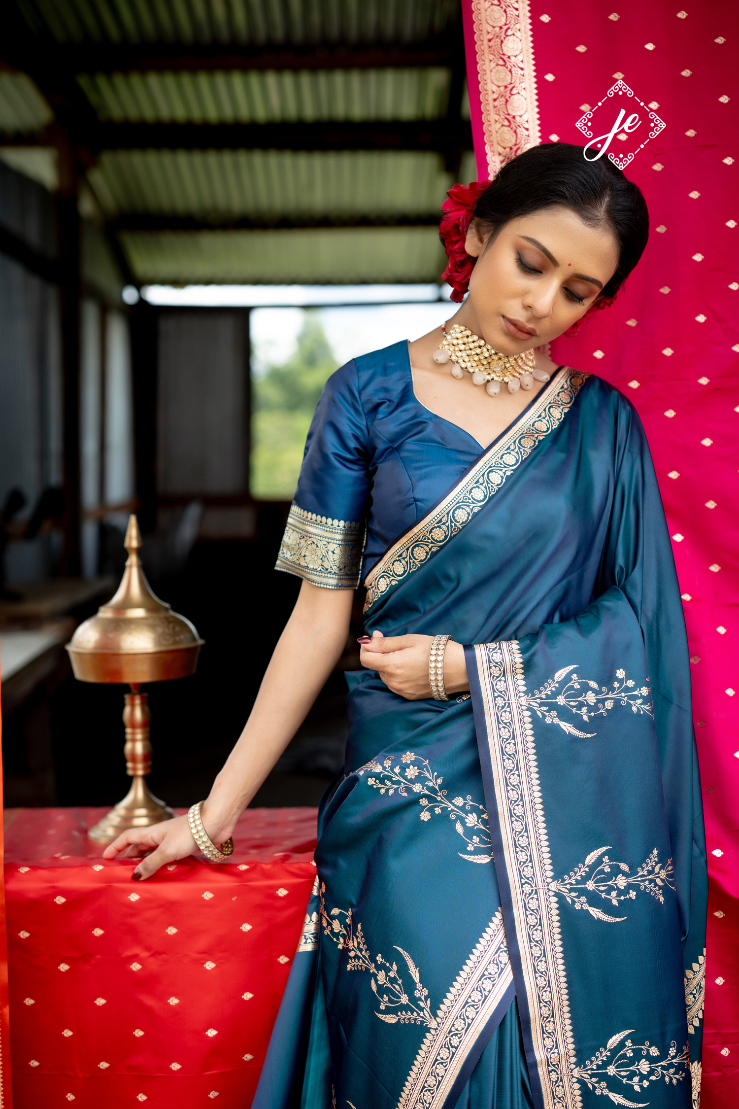 German Blue Mashru Silk Banarasi Saree