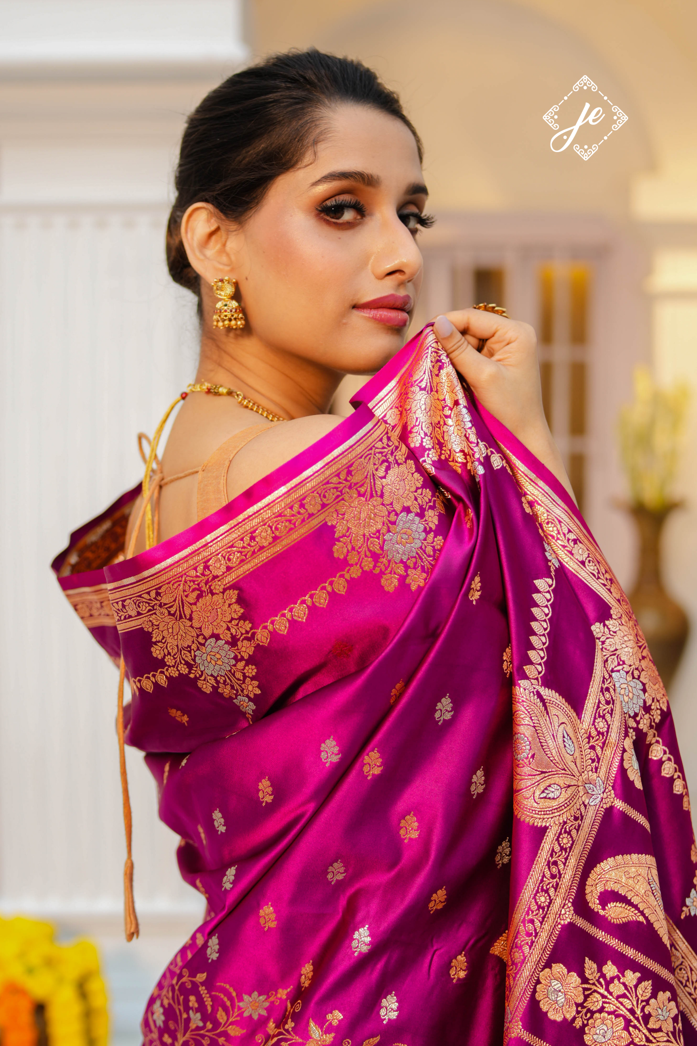 Magenta Satin Silk Buti Banarasi Saree