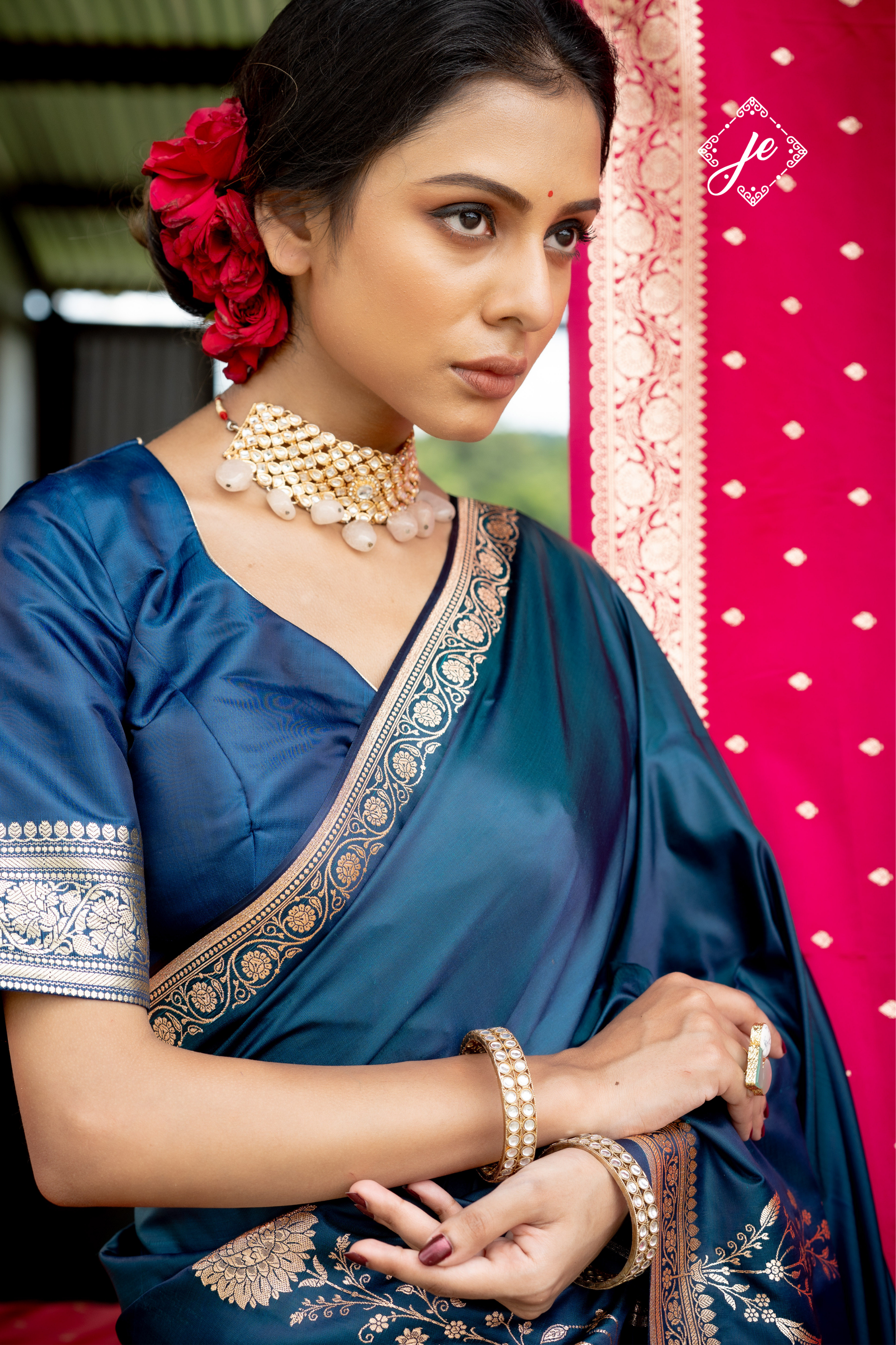 German Blue Mashru Silk Banarasi Saree