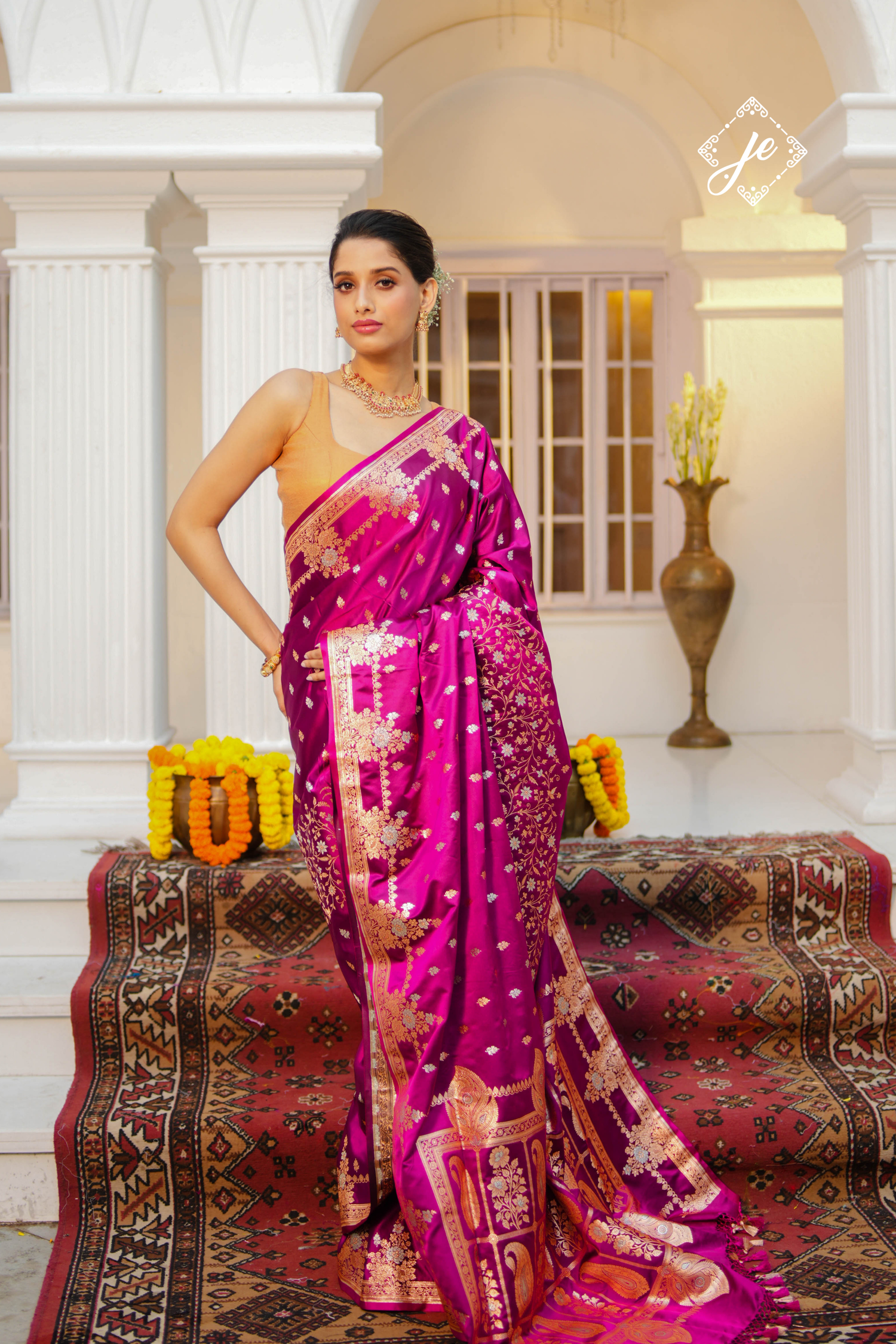 Magenta Satin Silk Buti Banarasi Saree