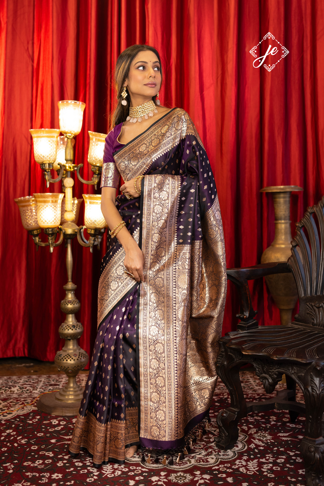 Deep Purple Satin Silk Buti Banarasi Saree