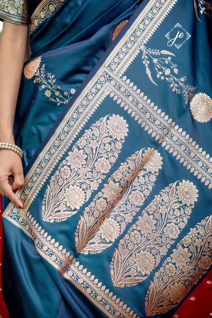 German Blue Mashru Silk Banarasi Saree