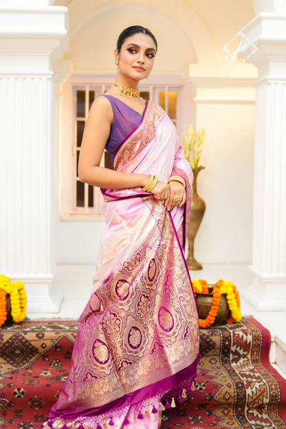 Pink Satin Silk with Contrast Purple Border Banarasi Saree