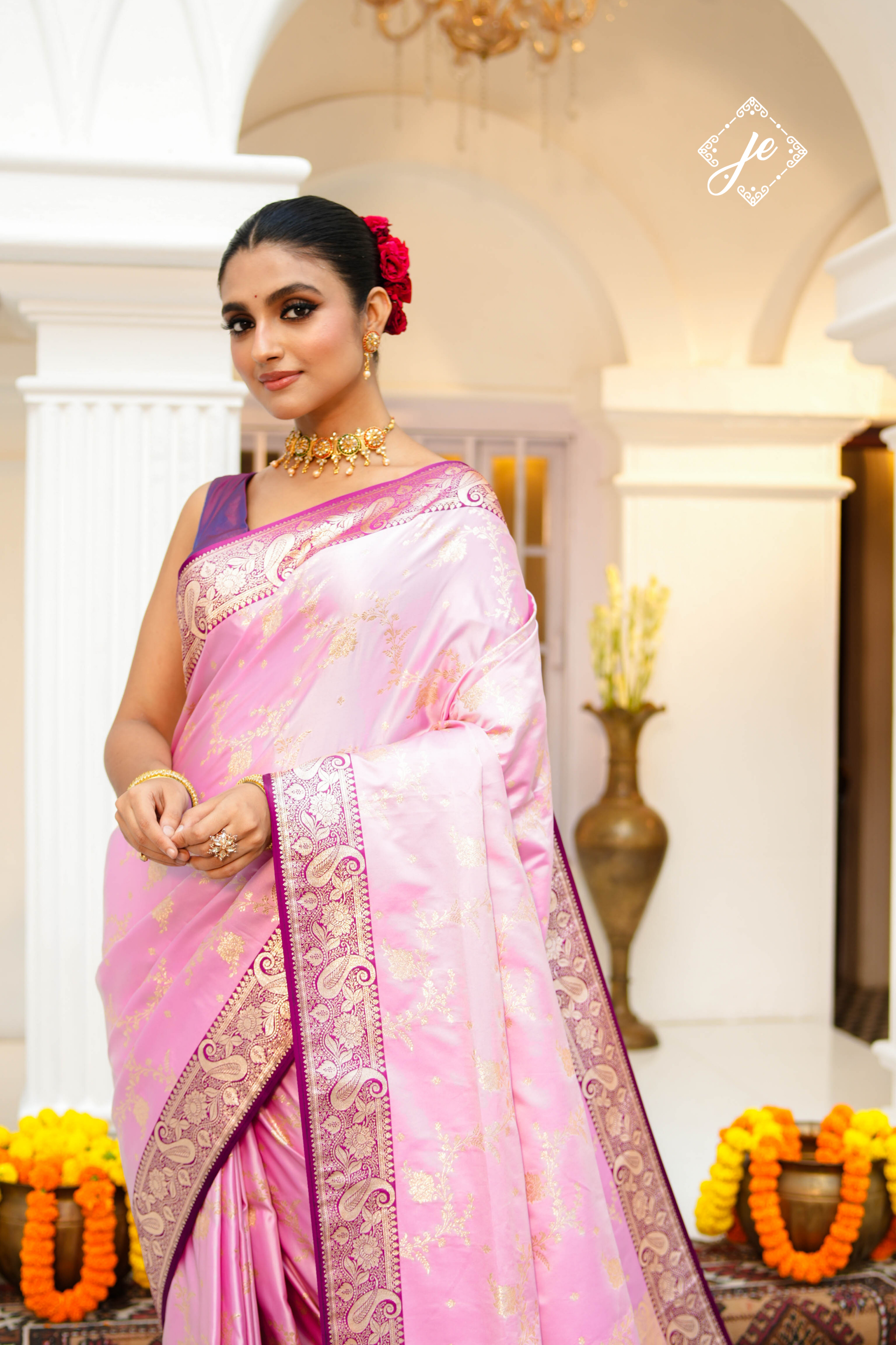 Pink Satin Silk with Contrast Purple Border Banarasi Saree