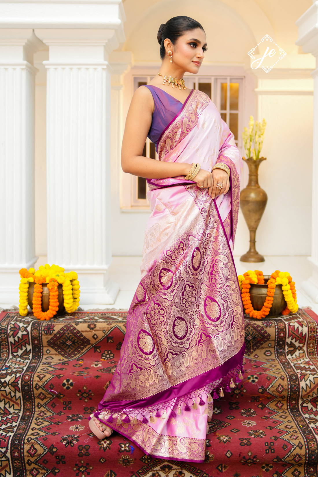 Pink Satin Silk with Contrast Purple Border Banarasi Saree