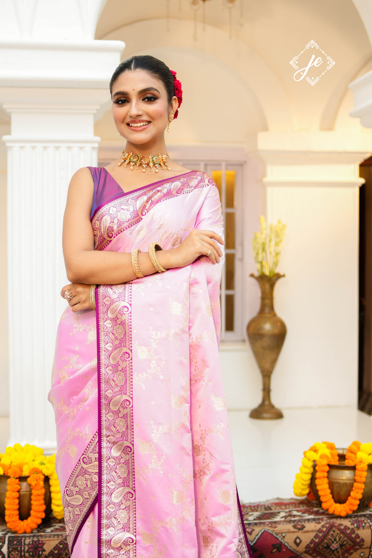 Pink Satin Silk with Contrast Purple Border Banarasi Saree