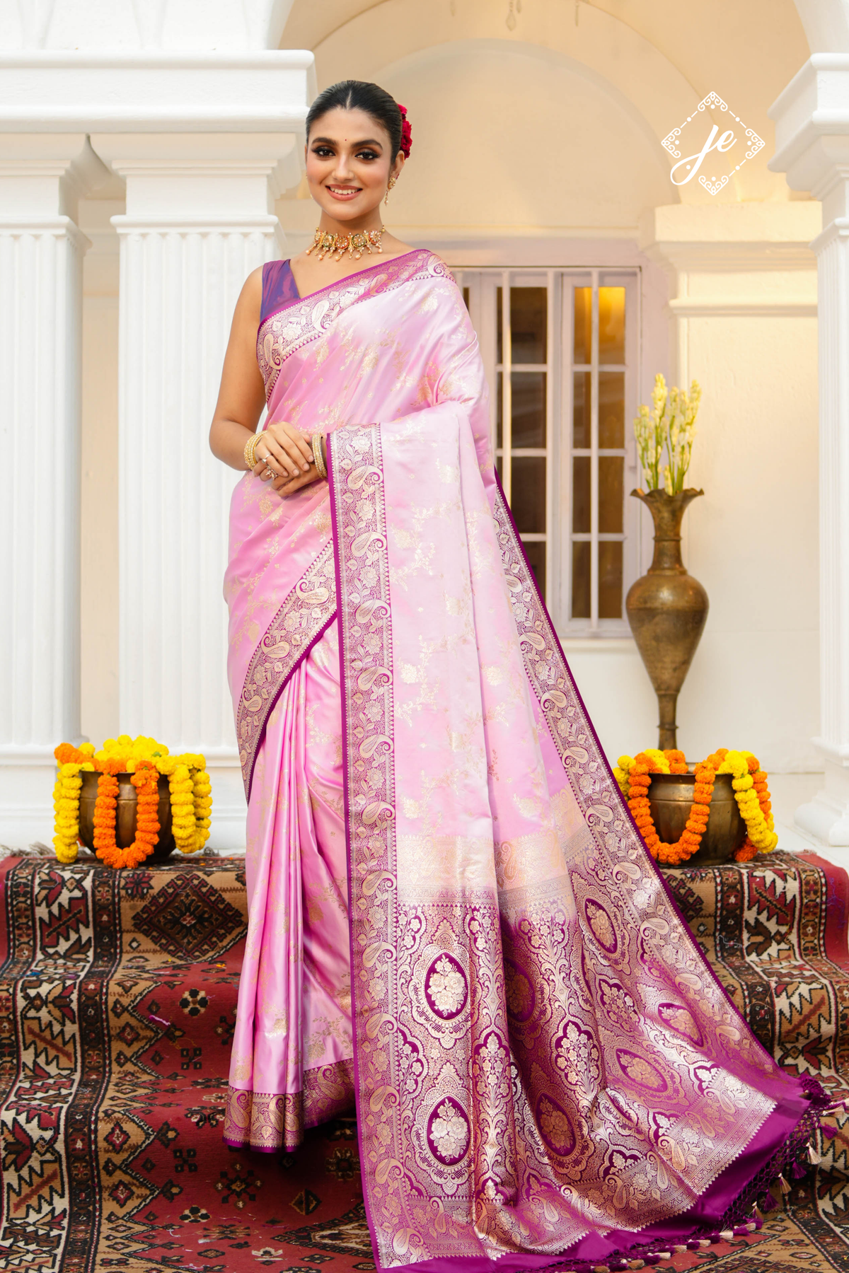 Pink Satin Silk with Contrast Purple Border Banarasi Saree