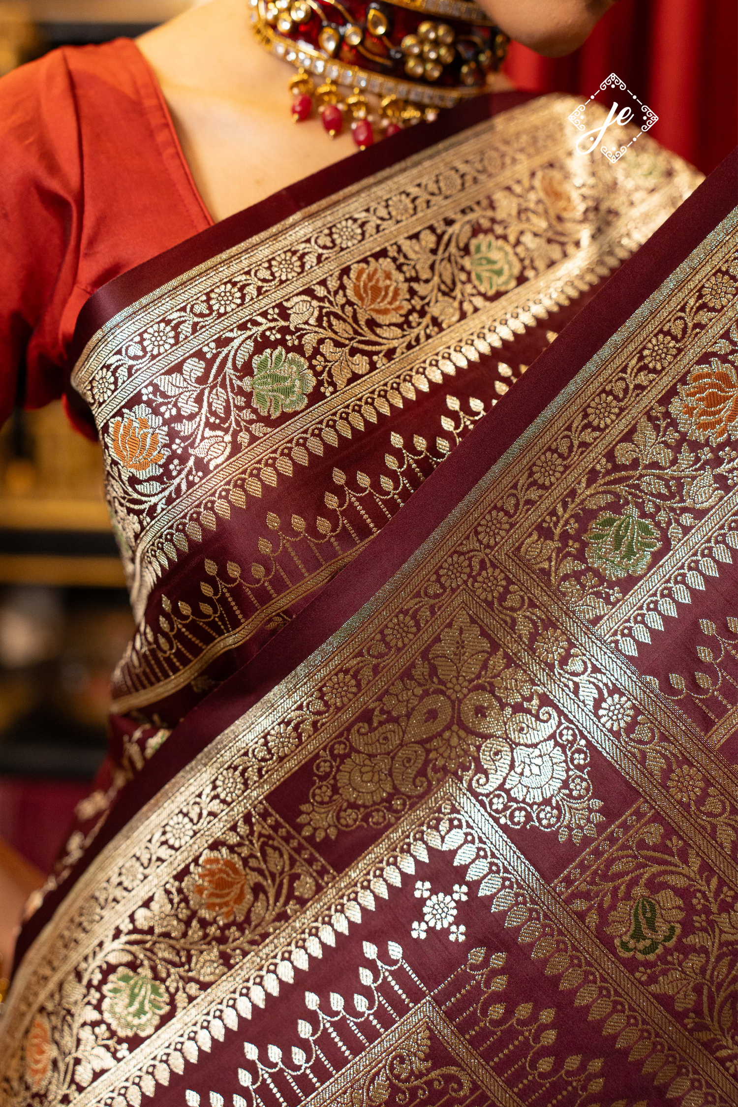 Maroon Satin Silk Jaal Banarasi Saree