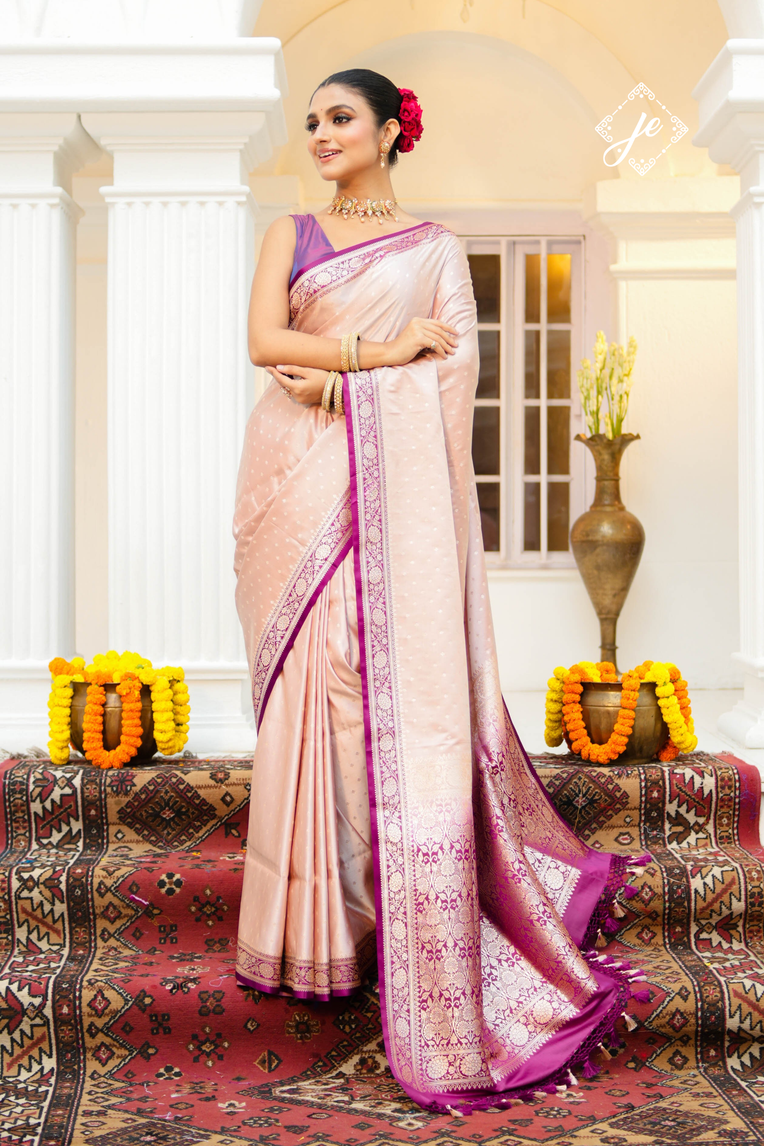 Dusty Pink Satin Silk with Purple Border Banarasi Saree
