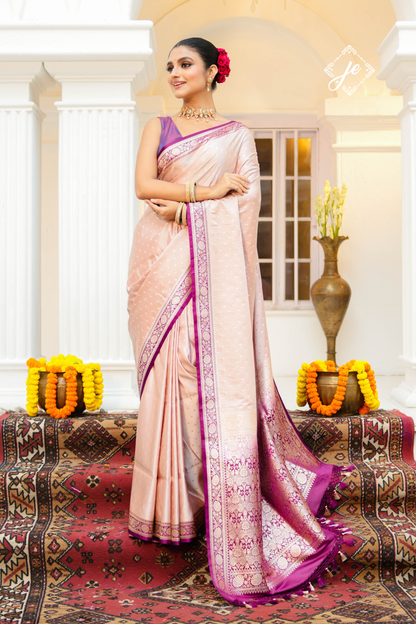 Dusty Pink Satin Silk with Purple Border Banarasi Saree