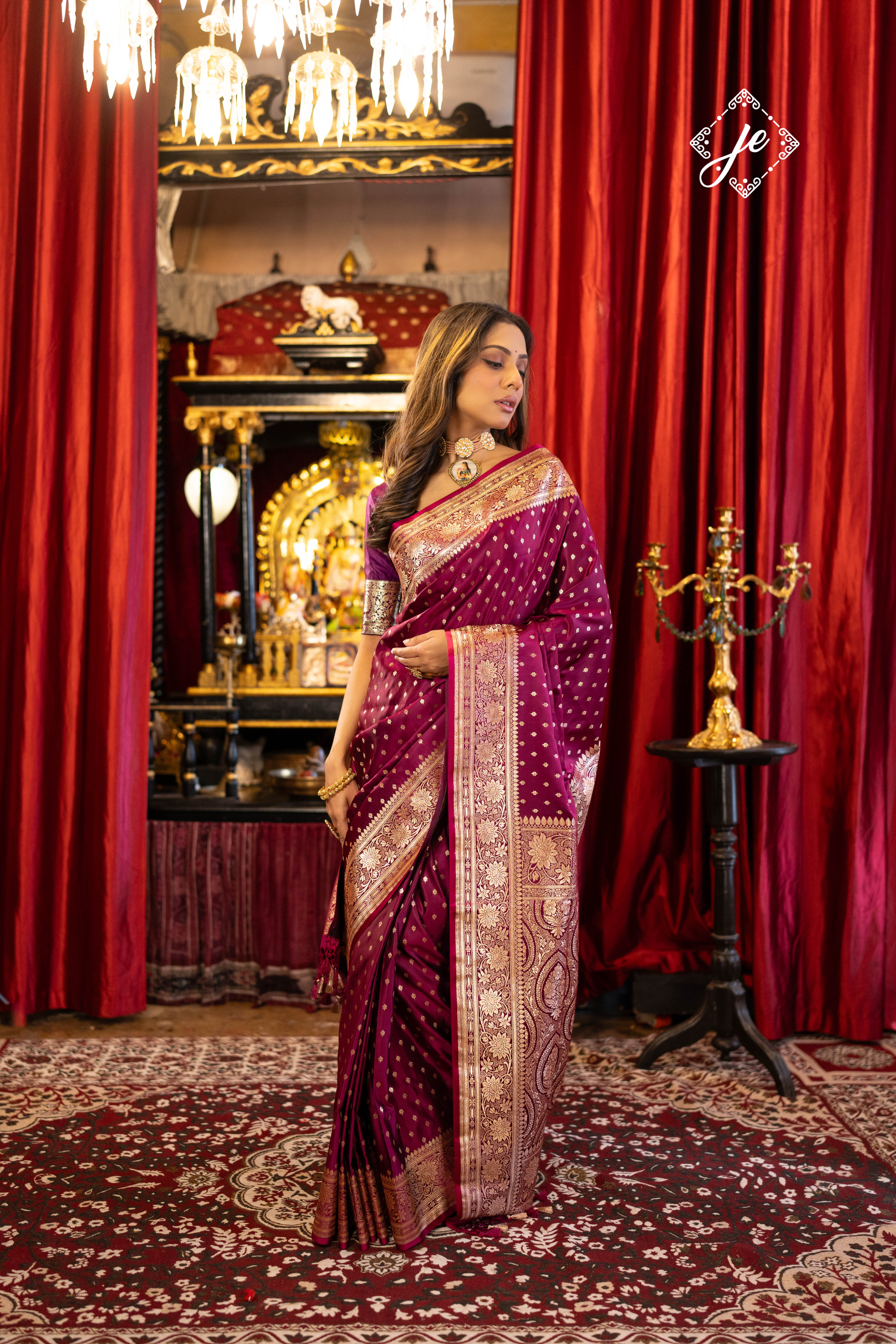 Plum Satin Silk Buti Banarasi Saree