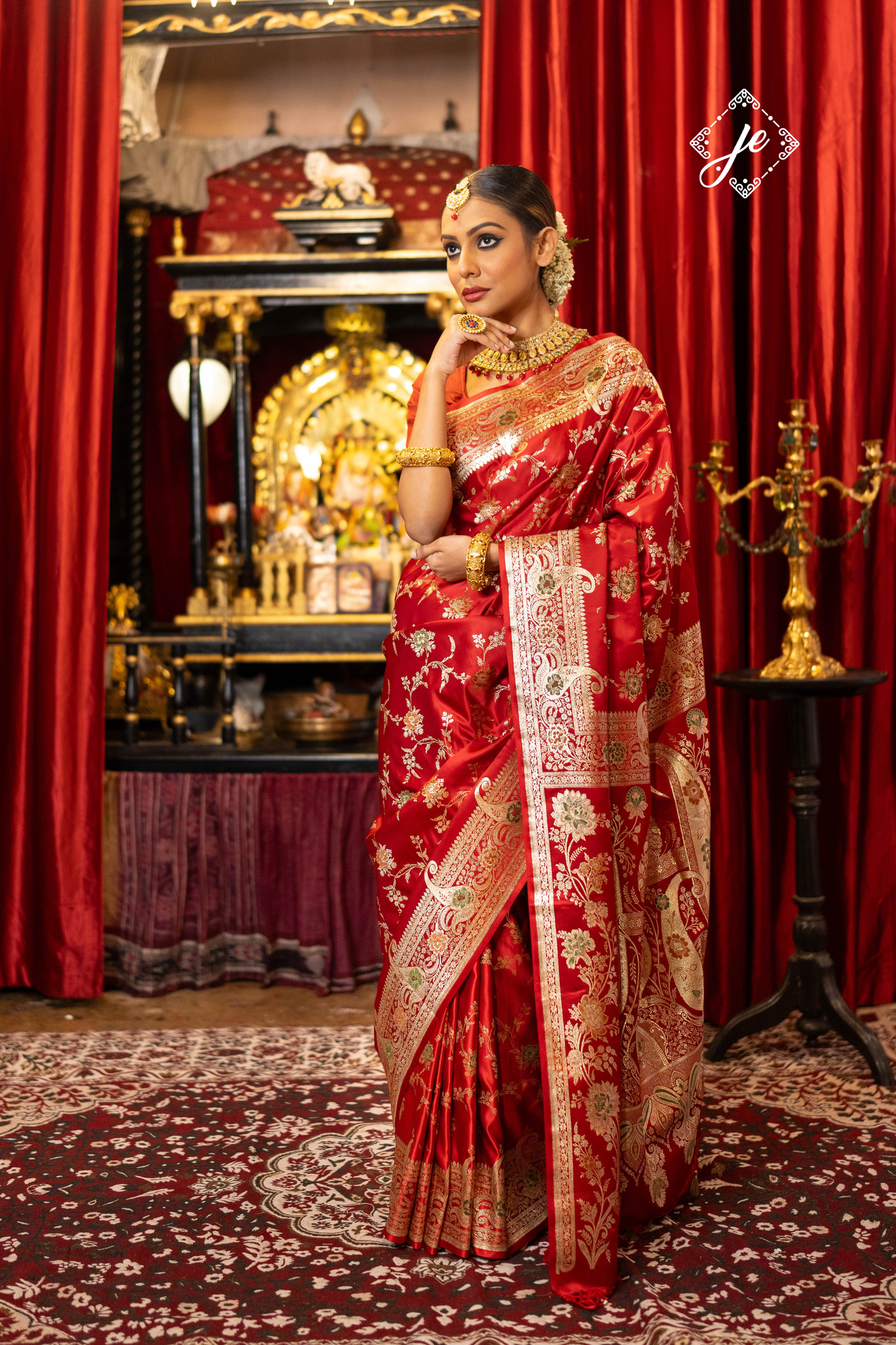 Red Satin Silk Meenakari Jaal Banarasi Saree