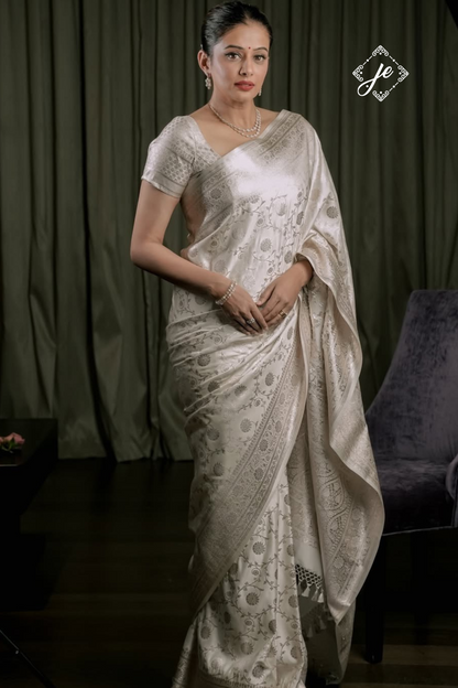 White Satin Silk Jaal Banarasi Saree