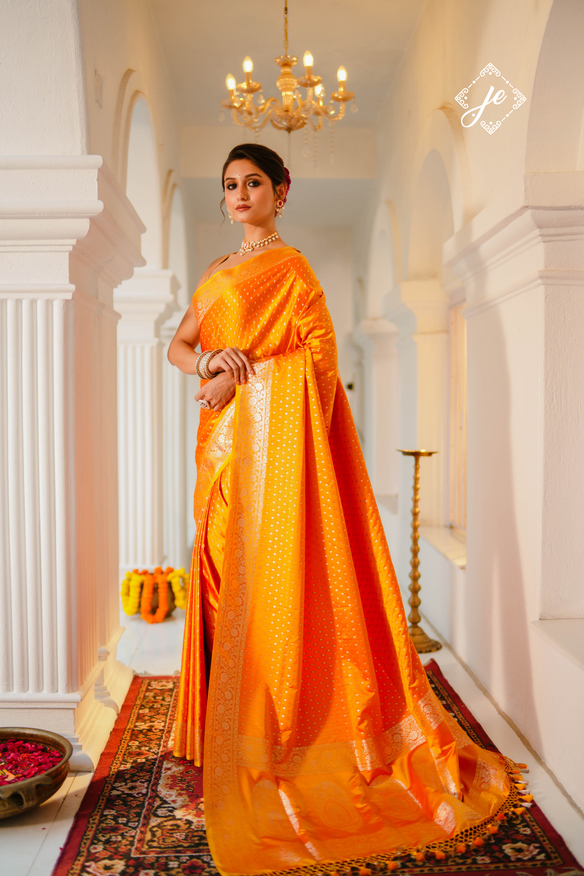 Orange Satin Silk Buti Banarasi Saree