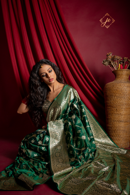 Bottle Green Satin Silk Jaal Banarasi Saree