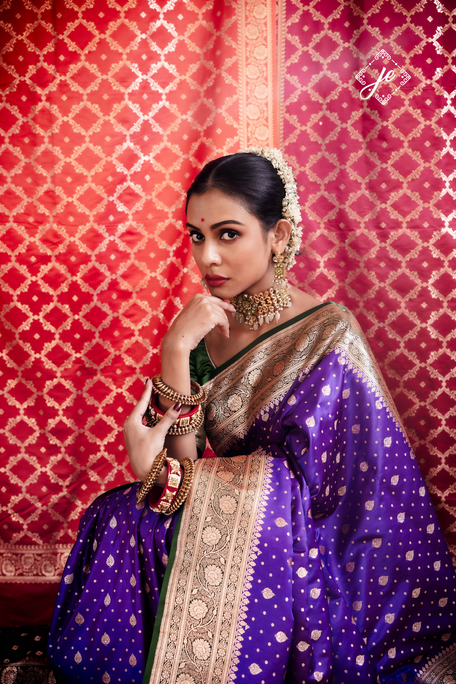 Purple Satin Silk Buti Banarasi Saree with contrast Bottle green Border