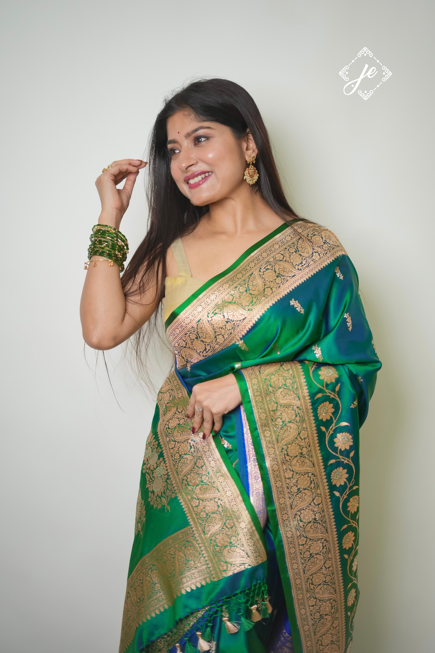Dual Tone Green Blue Satin Silk Banarasi Saree