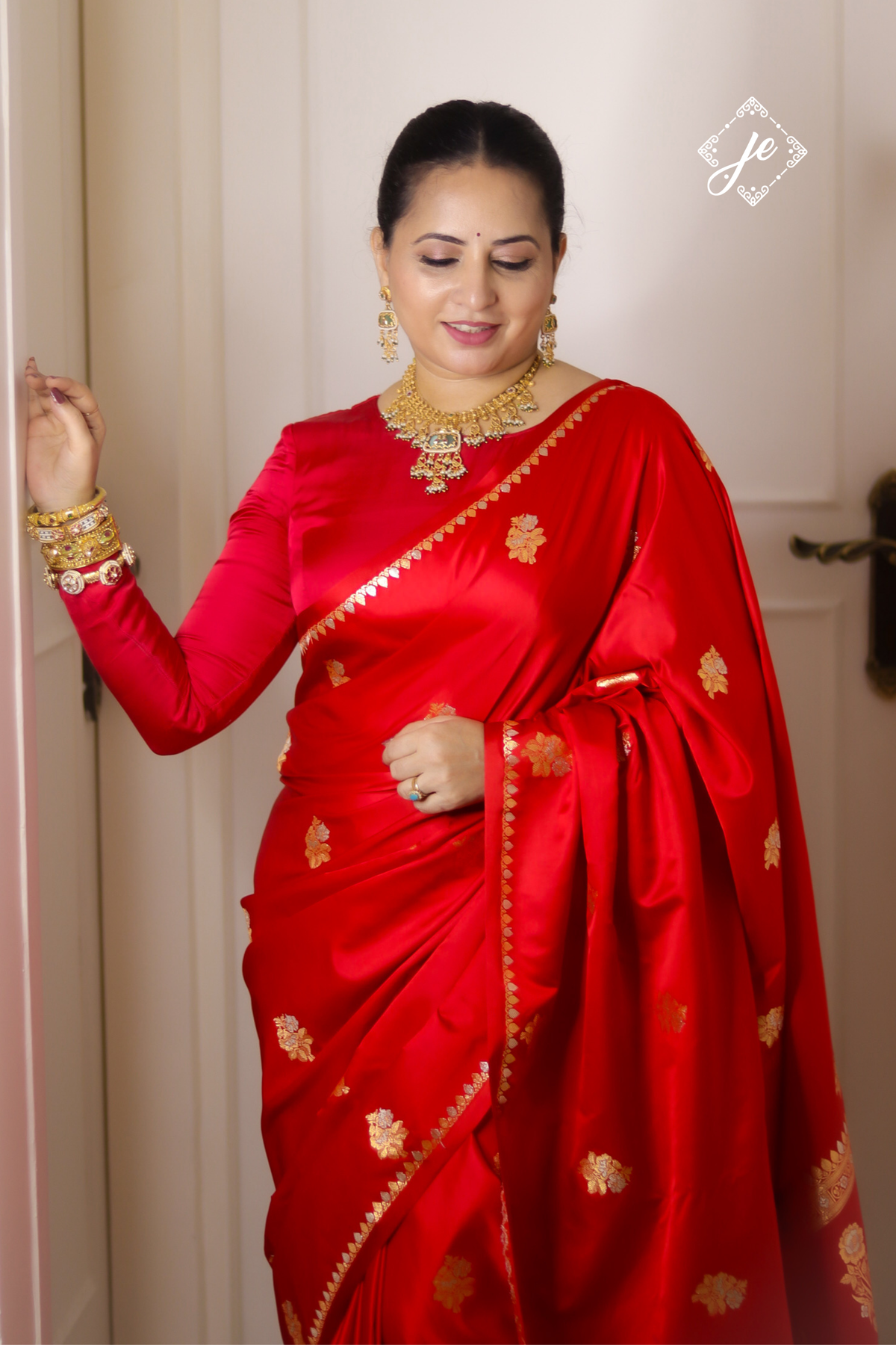 Red Satin Silk Buti Banarasi Saree