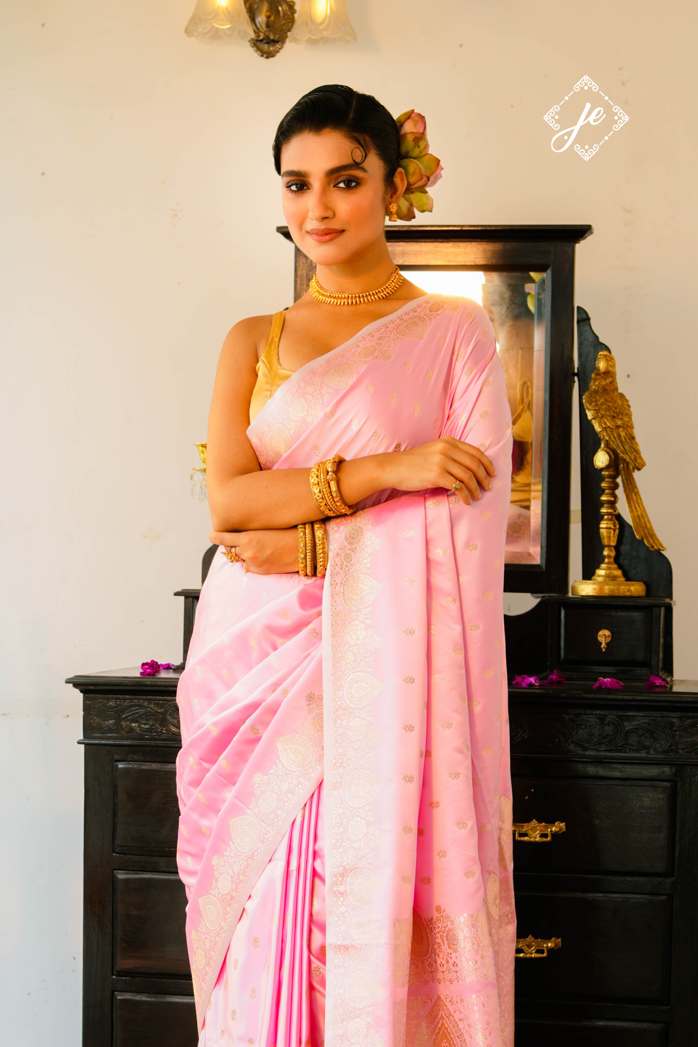 Pastel Pink Satin Silk Banarasi Saree