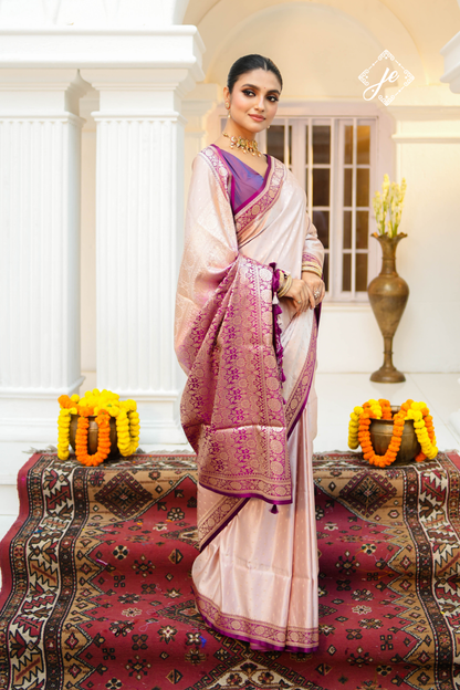 Dusty Pink Satin Silk with Purple Border Banarasi Saree