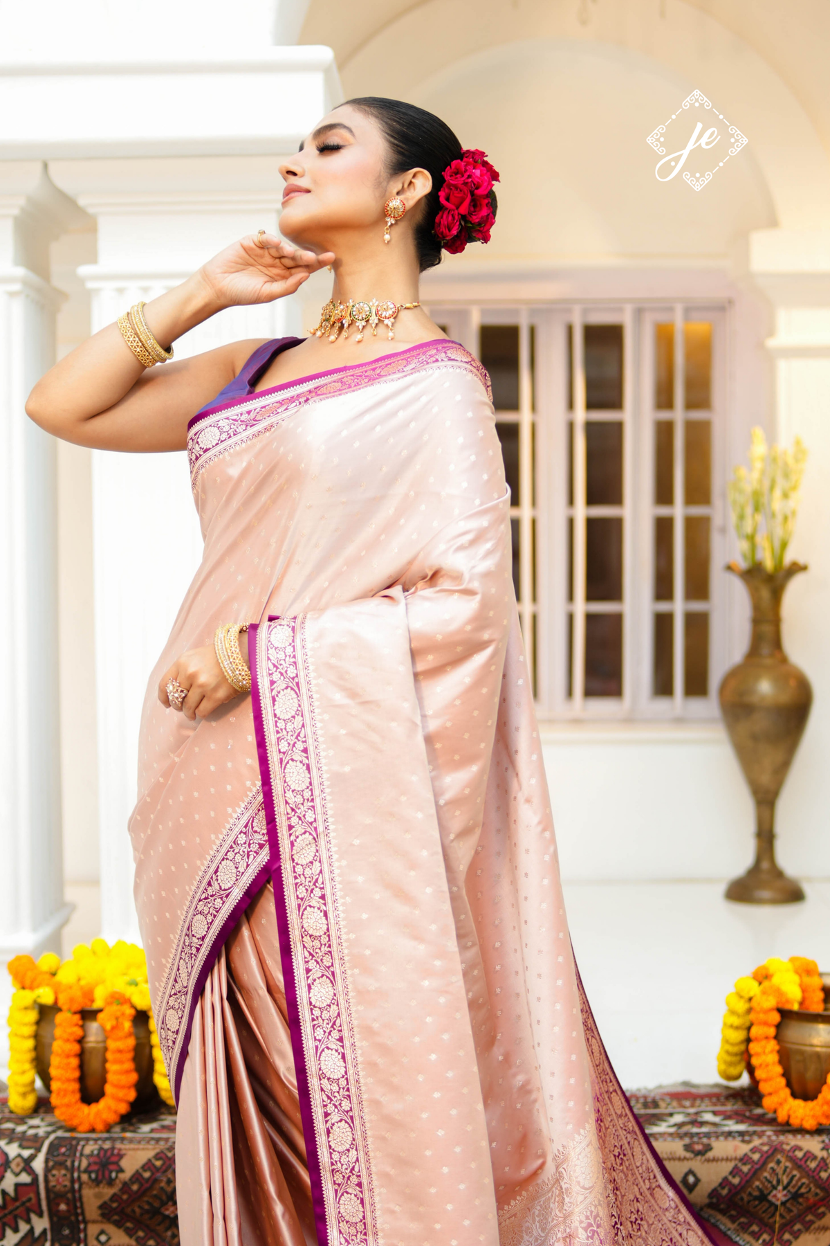Dusty Pink Satin Silk with Purple Border Banarasi Saree