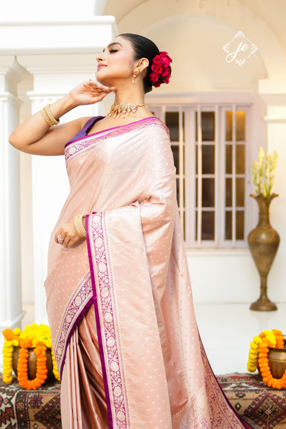 Dusty Pink Satin Silk with Purple Border Banarasi Saree