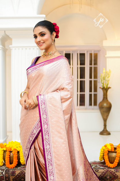 Dusty Pink Satin Silk with Purple Border Banarasi Saree