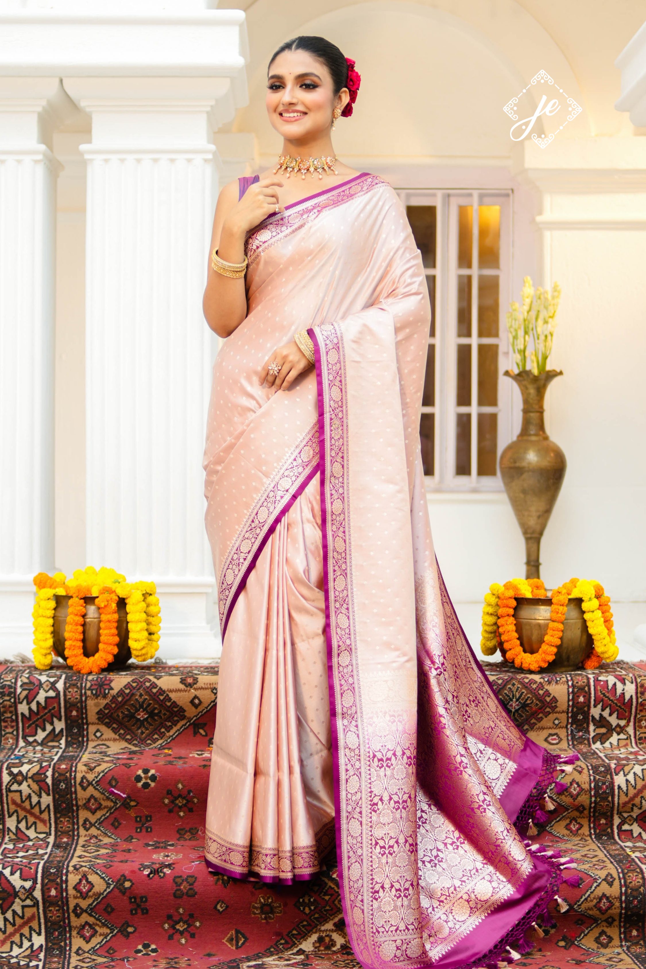 Dusty Pink Satin Silk with Purple Border Banarasi Saree