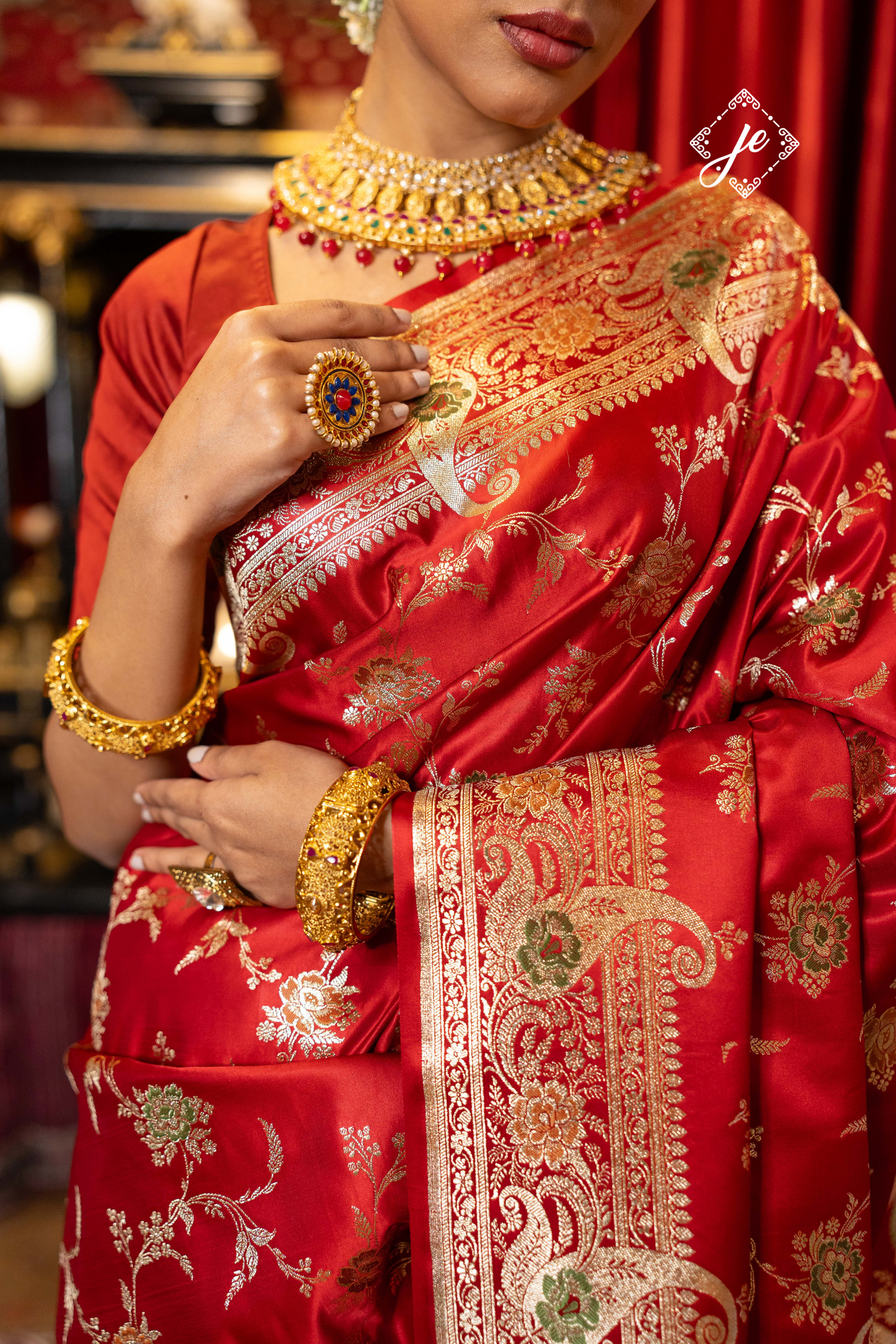 Red Satin Silk Meenakari Jaal Banarasi Saree