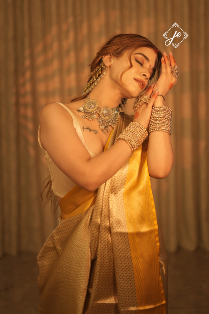 Beige Tissue Silk with Yellow Border Banarasi Saree