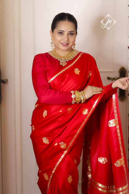 Red Satin Silk Buti Banarasi Saree