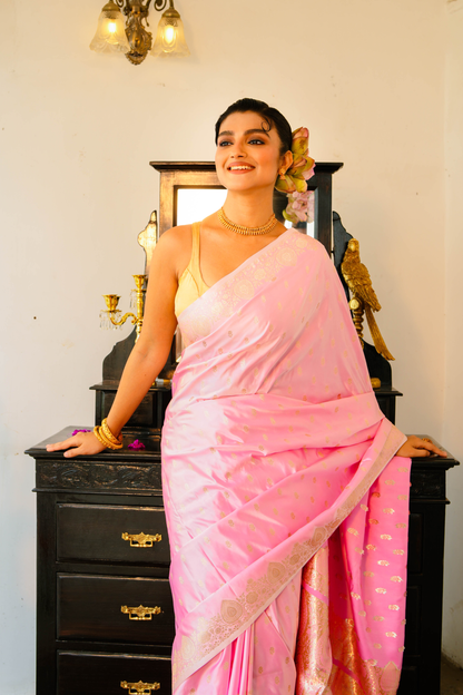 Pastel Pink Satin Silk Banarasi Saree