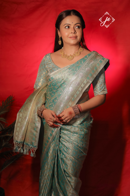 Ice Blue Satin Silk Jaal Banarasi Saree