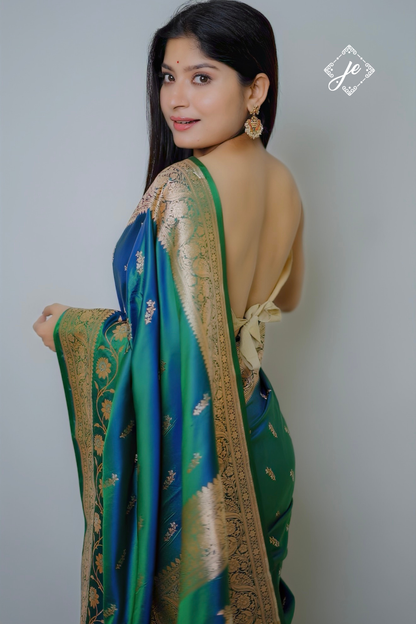 Dual Tone Green Blue Satin Silk Banarasi Saree