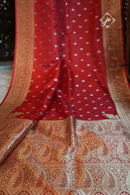 Red Satin Silk Jamevaar Buti Banarasi Saree