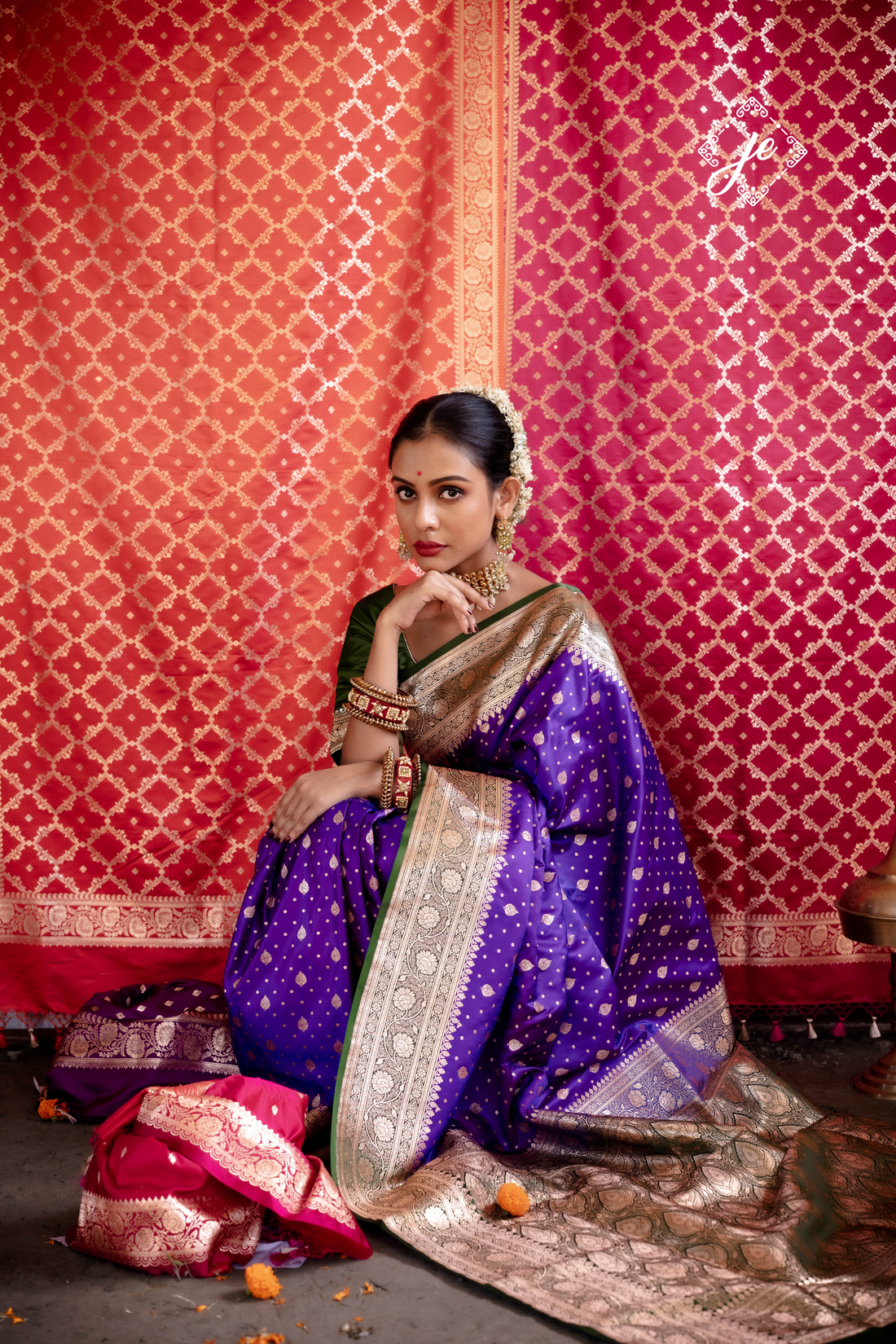 Purple Satin Silk with Bottle Green Border Banarasi Saree