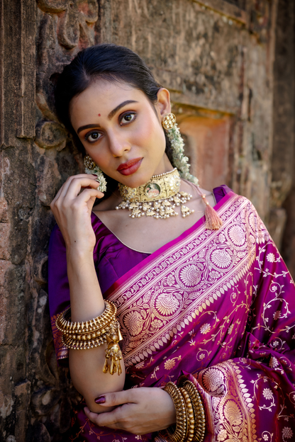 Purple Satin Silk Jaal Banarasi Saree