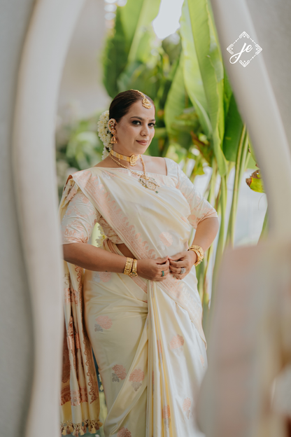 Ivory Mashru Silk Banarasi Saree