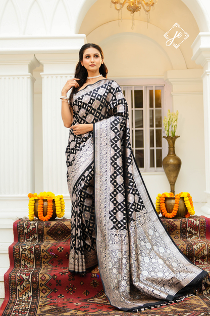 Black Satin Silk Rangkaat  Banarasi Saree