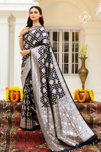 Black Satin Silk Rangkaat  Banarasi Saree