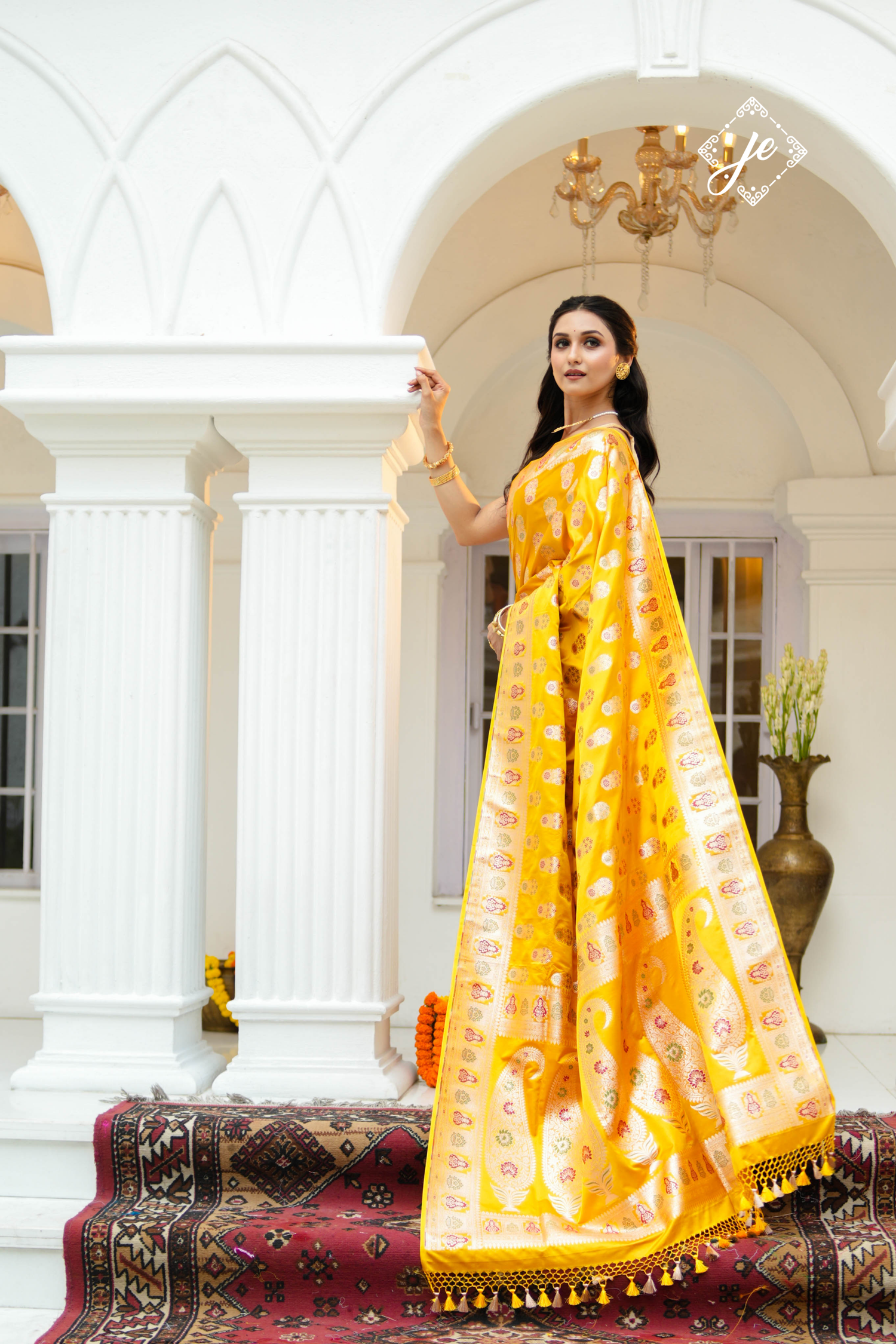 Yellow Satin Silk Meenakari Buti Banarasi Saree