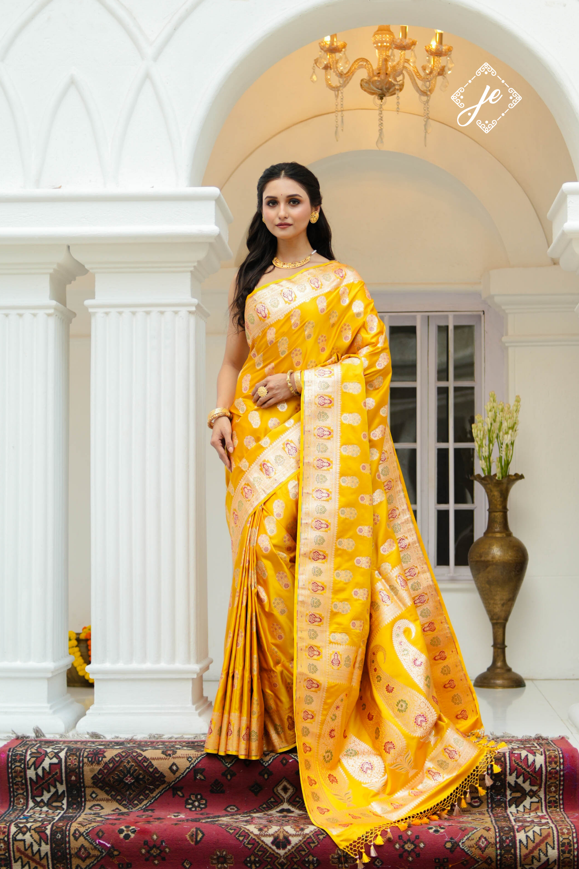 Yellow Satin Silk Meenakari Buti Banarasi Saree